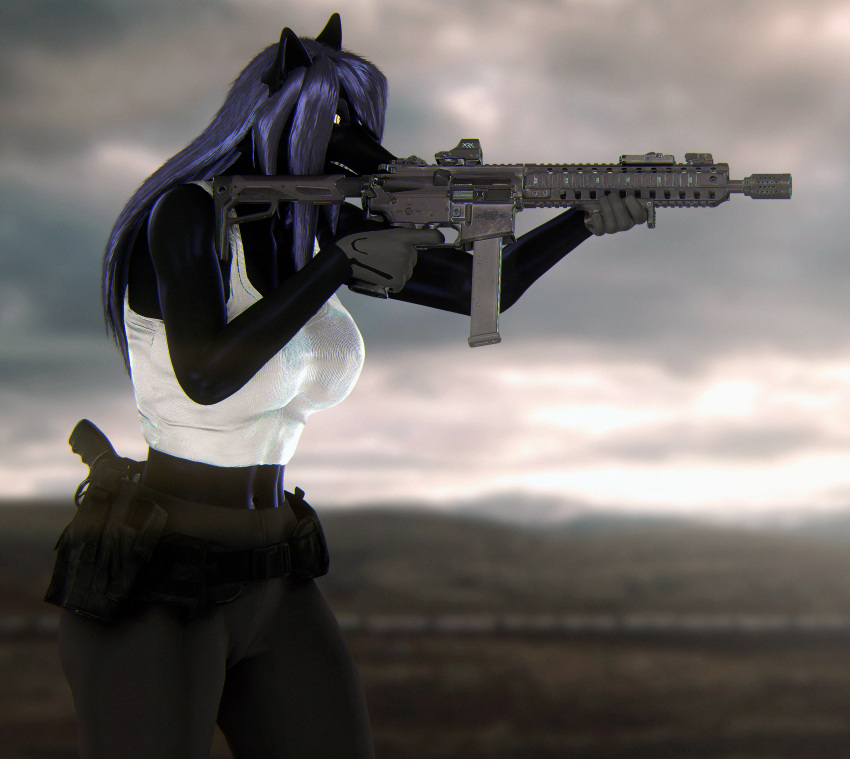 3d_(artwork) abs anthro assault_rifle blue_hair canid canine canis clothing cloudscape dark_blue_fur digital_media_(artwork) fan_character female field gun hair handgun hi_res holstered_pistol humanoid landscape leggings legwear lexas_(ludexus) ludexus mammal muscular muscular_anthro muscular_female ranged_weapon revolver rifle shirt sky solo source_filmmaker submachine_gun tactical_belt tactical_gloves tank_top topwear weapon wolf yellow_eyes