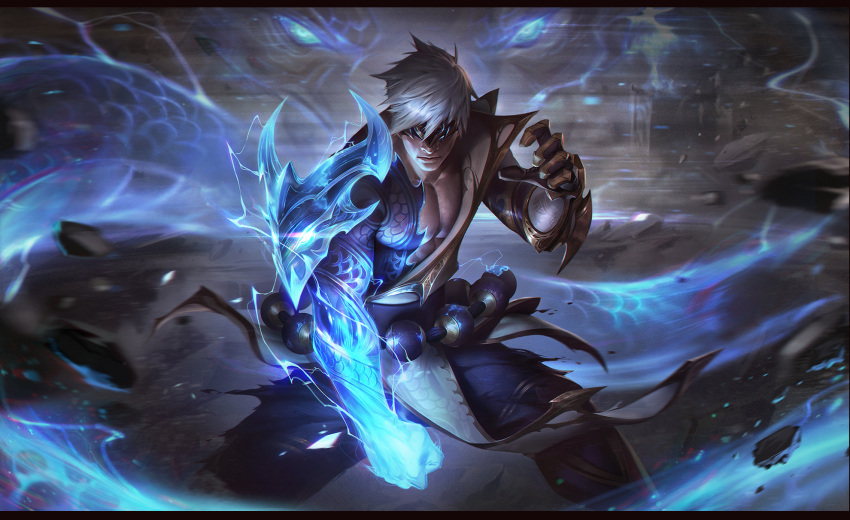 1boy arm_tattoo armor bangs bara bare_pectorals belt black_pants blindfold chengwei_pan closed_mouth covered_eyes dragon dragonmancer_lee_sin electricity falling_rock gauntlets highres large_pectorals league_of_legends lee_sin male_focus muscular muscular_male official_alternate_costume official_art pants pectorals rock short_hair shoulder_armor single_gauntlet solo tattoo white_hair
