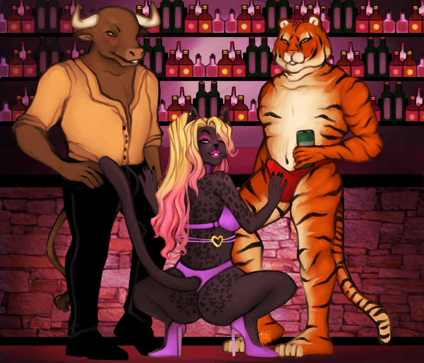 absurd_res anthro bar bovid bovine cattle erotic_play felid female group hi_res invalid_tag lowkey male male/female mammal pantherine sounsoun tiger