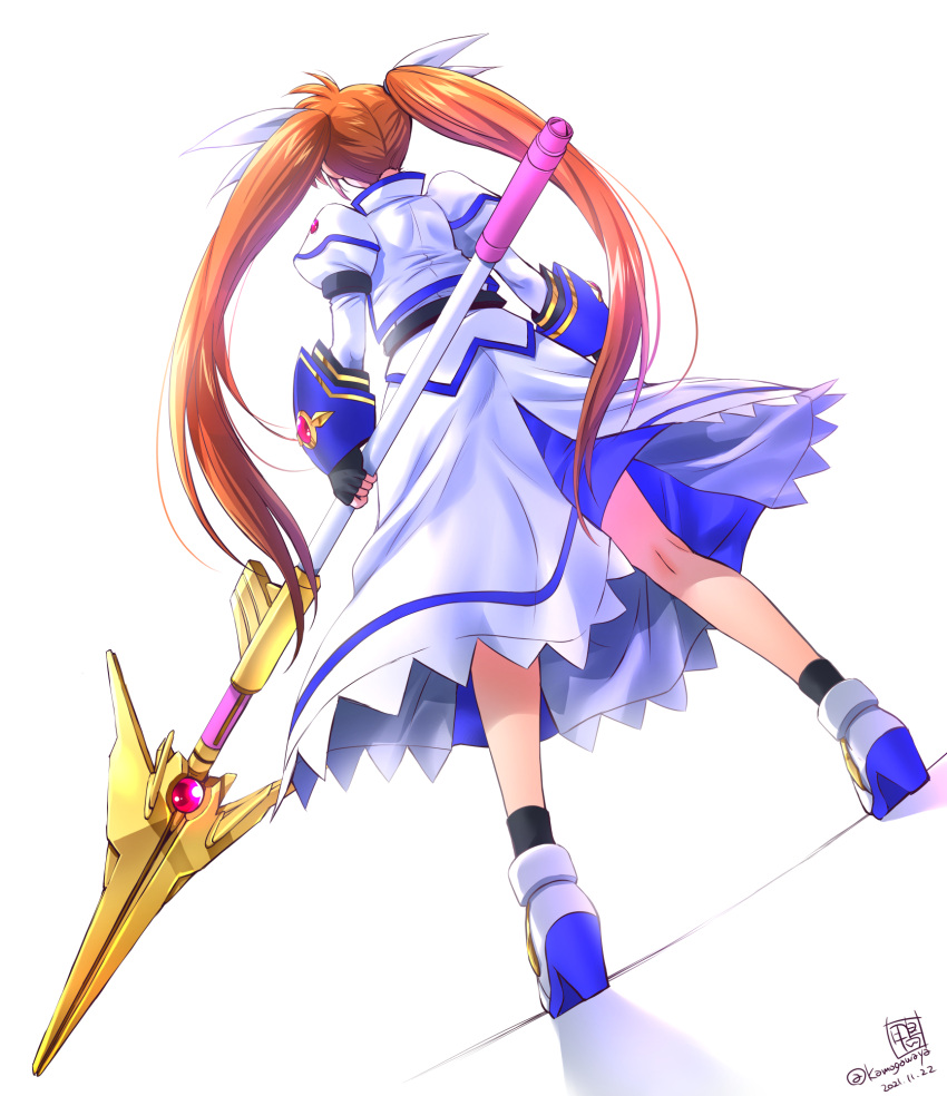 1girl back black_gloves boots brown_hair dated fingerless_gloves from_behind full_body gauntlets gloves hair_ribbon highres juliet_sleeves kamogawa_tanuki long_hair long_sleeves lyrical_nanoha magical_girl mahou_shoujo_lyrical_nanoha_strikers puffy_sleeves raising_heart ribbon shiny shiny_hair signature staff takamachi_nanoha twintails twitter_username