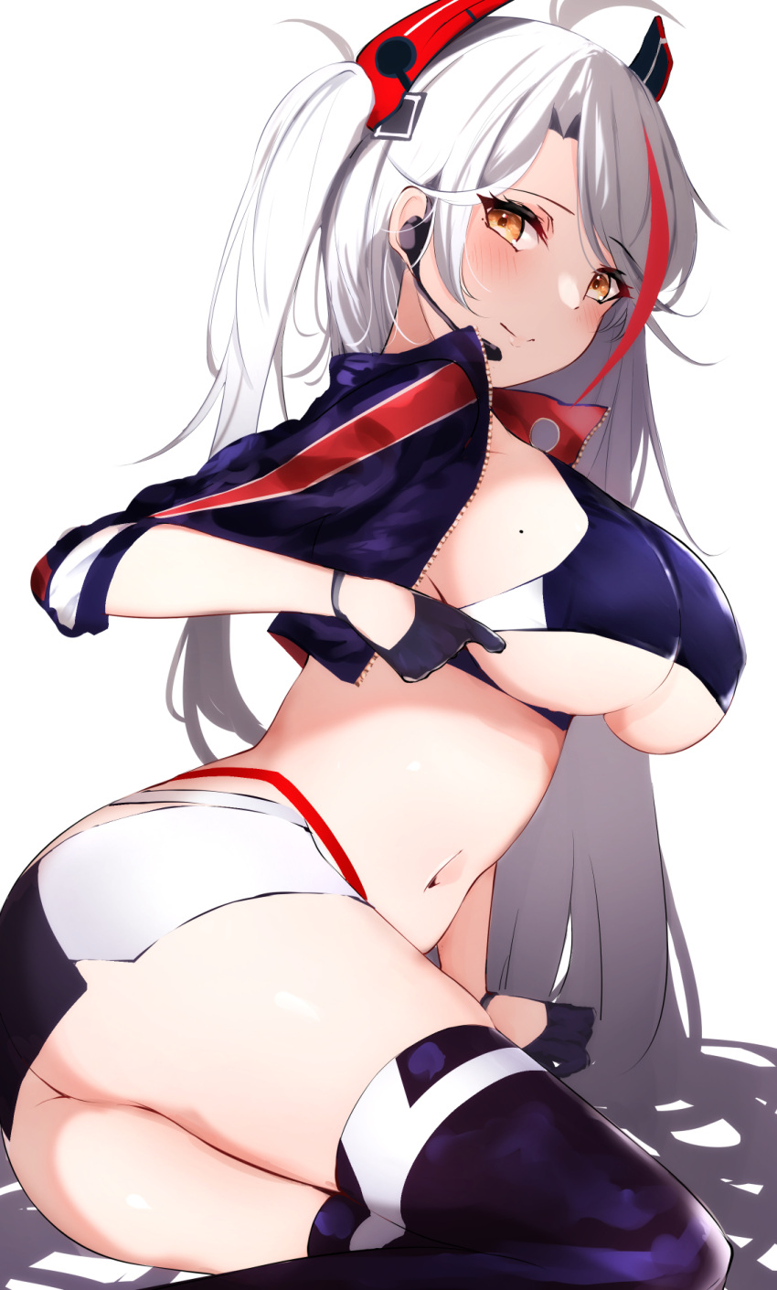 1girl azur_lane black_gloves blush boots breasts closed_mouth eyebrows_visible_through_hair gloves highres itete large_breasts long_hair long_sleeves looking_at_viewer microskirt mole mole_on_breast mole_under_eye multicolored_hair navel official_alternate_costume orange_eyes prinz_eugen_(azur_lane) prinz_eugen_(final_lap)_(azur_lane) red_hair silver_hair skirt smile solo streaked_hair thigh_boots thighhighs thighs underboob