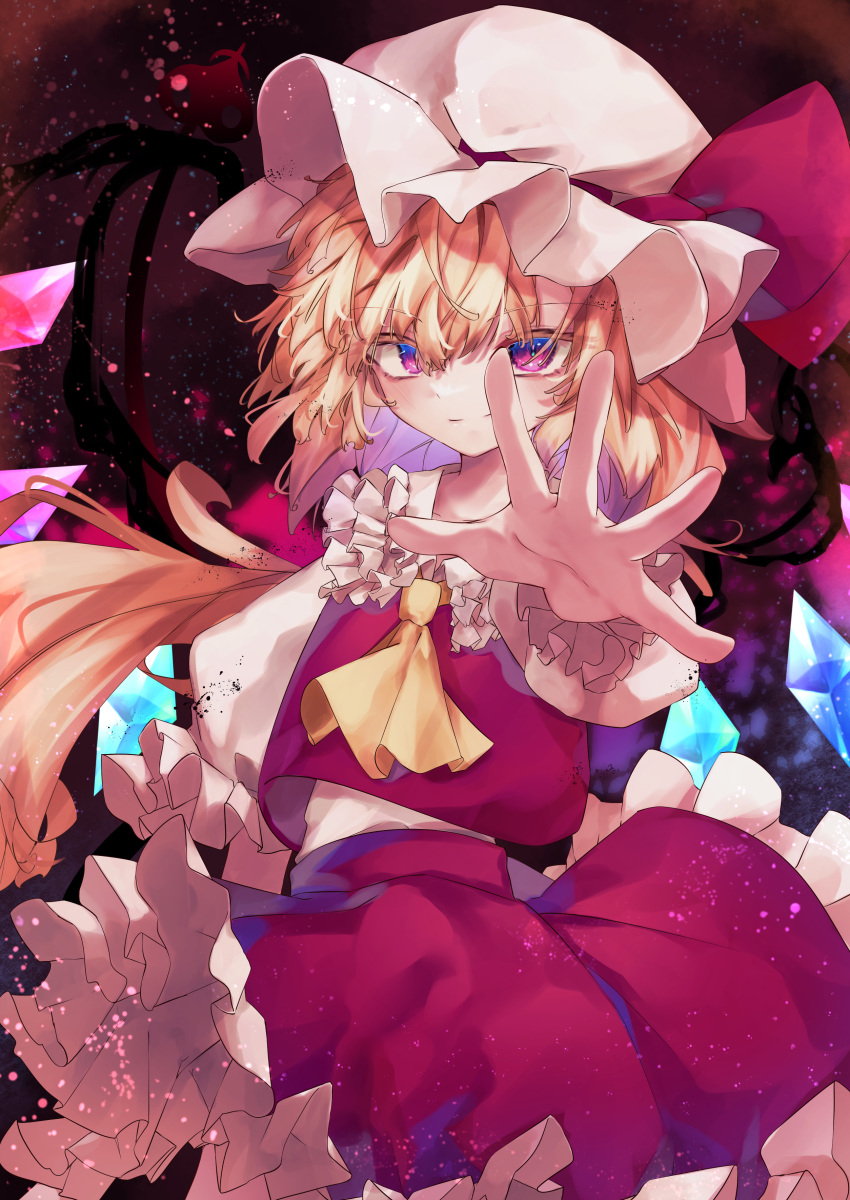 1girl absurdres ascot calpis118 closed_mouth cowboy_shot crystal dark_background eyebrows_visible_through_hair flandre_scarlet foreshortening frilled_shirt_collar frilled_skirt frills hat hat_ribbon highres laevatein_(touhou) looking_at_viewer mob_cap outstretched_arm outstretched_hand puffy_short_sleeves puffy_sleeves purple_eyes rainbow_order red_ribbon red_skirt red_vest ribbon shirt short_hair short_sleeves skirt skirt_set solo touhou vest white_headwear white_shirt wings yellow_ascot