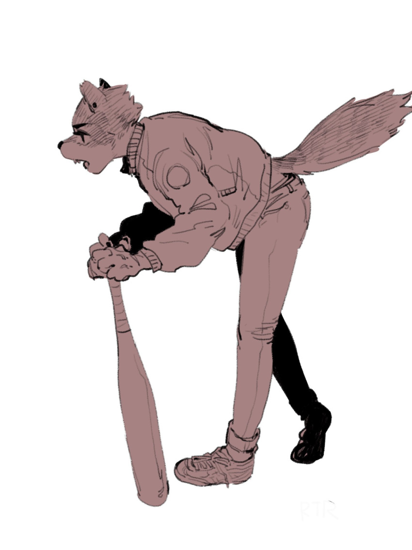 2018 ambiguous_gender anthro baseball_bat black_nose canine clothed clothing eyebrows eyelashes fangs fluffy fluffy_tail footwear holding_object jacket jeans mammal open_mouth pants rtr shoes simple_background solo sport standing teeth wolf