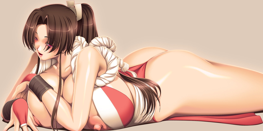 1girl areola_slip areolae ass back bare_back bare_shoulders blush bow breast_press breasts brown_hair candle candles cleavage collarbone curvy fatal_fury female fingerless_gloves fire from_behind gigantic_breasts gloves hair_bow hair_ornament happy high_ponytail highres japanese_clothes kimono king_of_fighters konekonewasabii large_areolae legs long_hair looking_at_viewer lying nipples nude on_stomach open_mouth ponytail puffy_nipples red_eyes shiranui_mai short_kimono sideboob sideboobs smile snk solo tongue wasabi_konekone