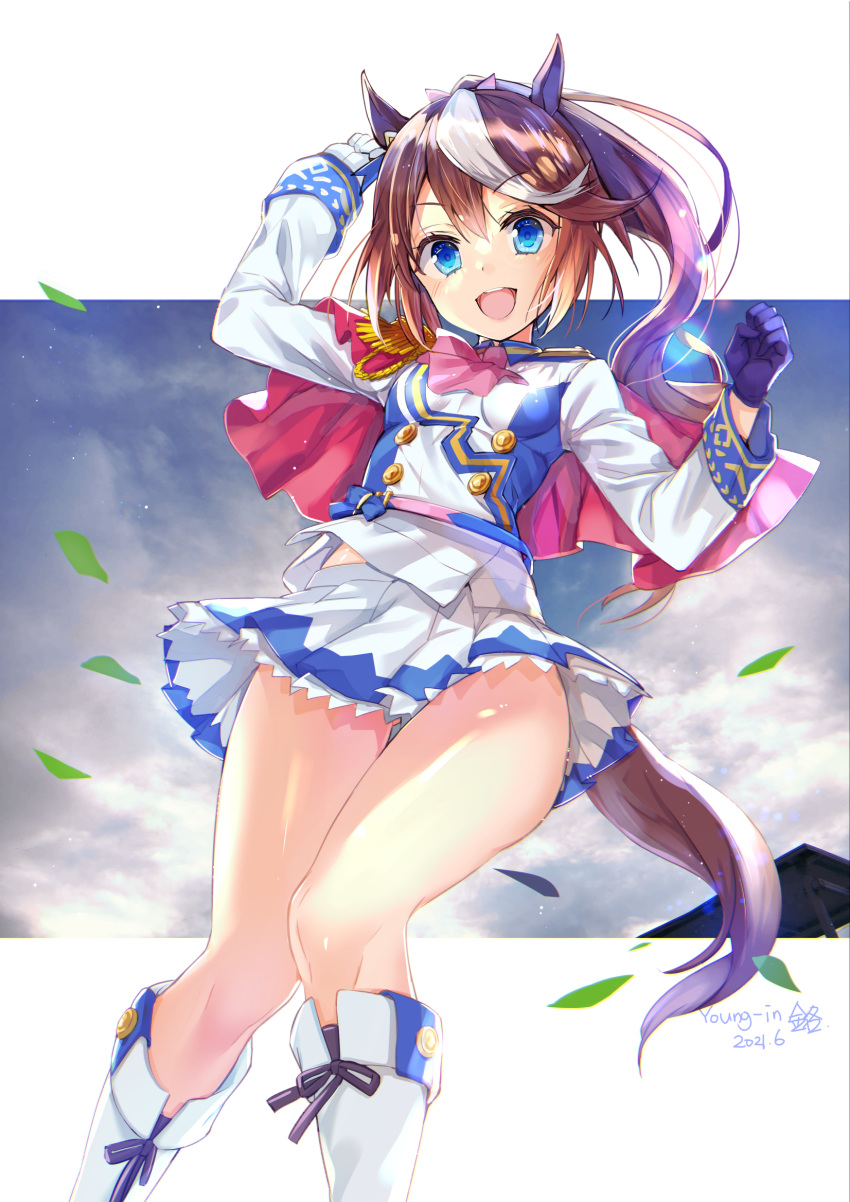 1girl :d animal_ears arm_up ascot asymmetrical_gloves bangs blue_eyes blue_gloves boots breasts brown_hair capelet commentary_request dated epaulettes eyebrows_visible_through_hair feet_out_of_frame gloves hair_between_eyes highres horse_ears horse_girl horse_tail jacket jin_young-in knee_boots long_hair mismatched_gloves multicolored_hair pink_neckwear pleated_skirt ponytail red_capelet signature single_epaulette skirt small_breasts smile solo streaked_hair tail teeth tokai_teio_(umamusume) umamusume upper_teeth very_long_hair white_footwear white_gloves white_hair white_jacket white_skirt