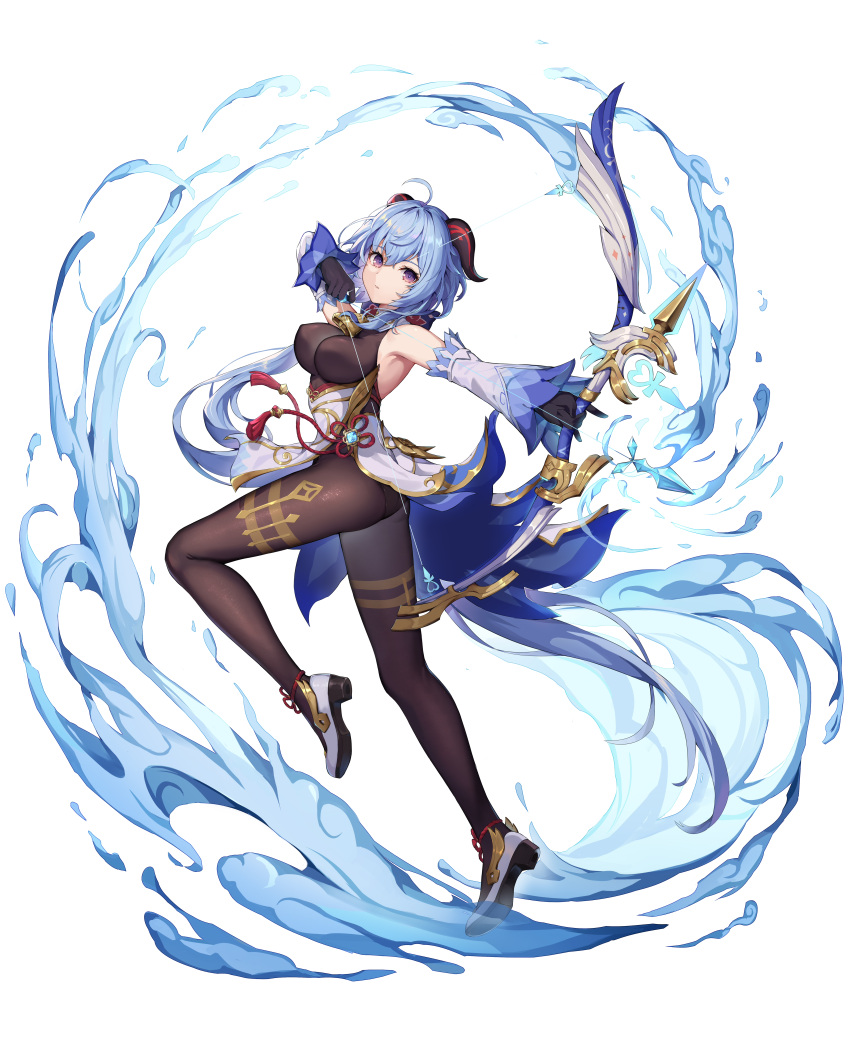 1girl absurdly_long_hair absurdres ahoge armpits arrow_(projectile) ass bangs bare_shoulders bell black_gloves black_legwear blue_hair bow_(weapon) breasts brown_legwear brown_leotard chinese_knot curled_horns detached_sleeves drawing_bow flower_knot from_side full_body ganyu_(genshin_impact) genshin_impact gloves gold_trim high_heels highres hokori_sakuni holding holding_bow_(weapon) holding_weapon horns leg_up leotard long_hair looking_at_viewer magic medium_breasts neck_bell outstretched_arm pantyhose purple_eyes sidelocks solo standing tassel thighlet thighs very_long_hair vision_(genshin_impact) waist_cape weapon white_background white_sleeves wide_sleeves wind