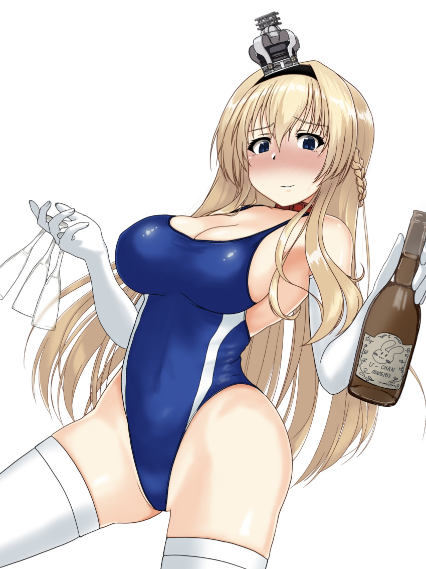 1girl alcohol blonde_hair blue_eyes blue_swimsuit blush bottle braid breasts cleavage commentary_request competition_swimsuit cowboy_shot cup drinking_glass elbow_gloves french_braid gloves highleg highleg_swimsuit highres holding kantai_collection kinakomochi_(testament05) long_hair looking_at_viewer medium_breasts nose_blush one-piece_swimsuit simple_background solo swimsuit thighhighs warspite_(kancolle) white_background white_gloves white_legwear wine wine_glass
