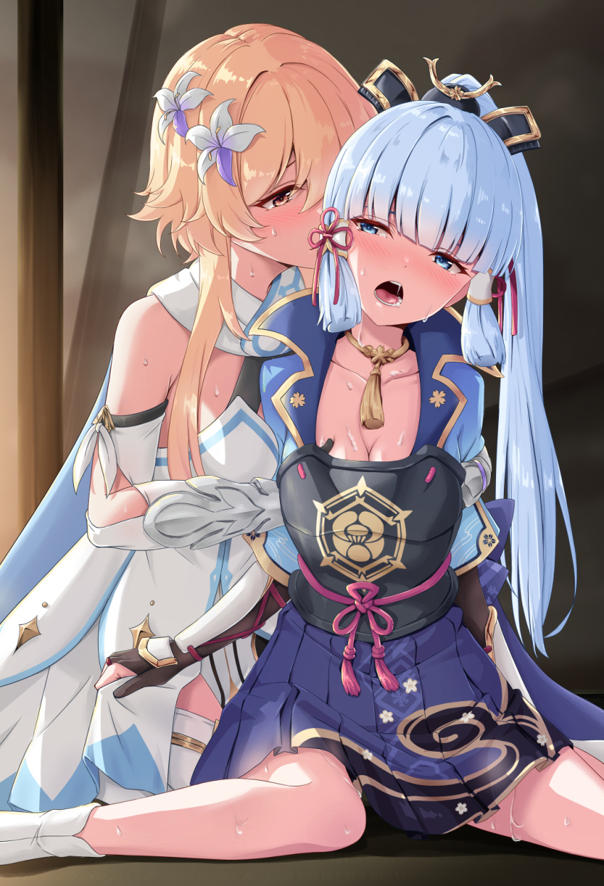 2girls armor bare_shoulders bassa blonde_hair blue_hair blush breastplate breasts cleavage commentary_request cover cover_page doujin_cover dress flower genshin_impact hair_flower hair_ornament highres kamisato_ayaka looking_at_viewer lumine_(genshin_impact) medium_breasts multiple_girls open_mouth ponytail seiza sidelocks sitting sweat textless vambraces yellow_eyes yuri