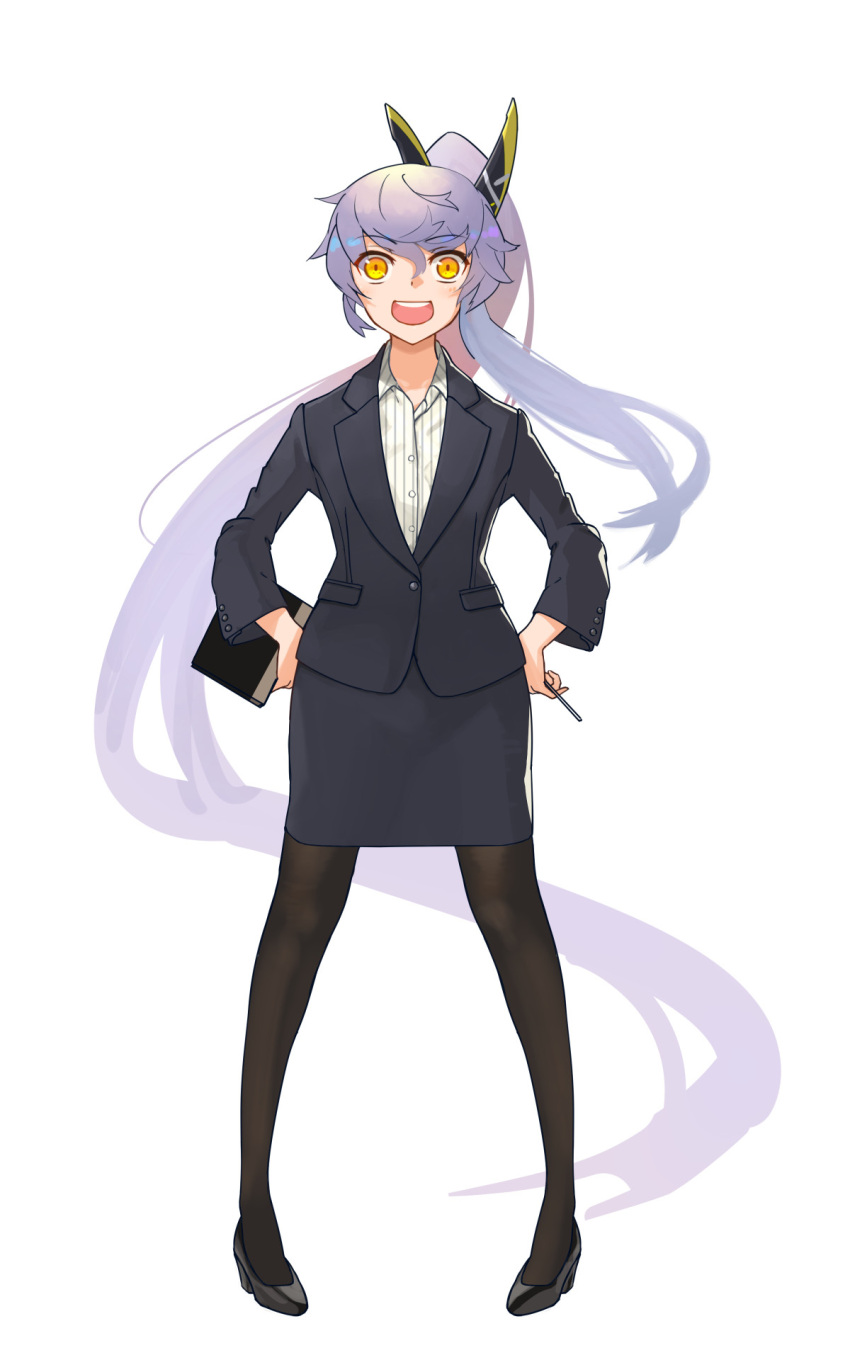 1girl absurdly_long_hair alternate_costume azur_lane black_footwear black_legwear blue_jacket blue_skirt check_commentary clipboard collared_shirt commentary commentary_request full_body hands_on_hips highres jacket legs_apart long_hair looking_at_viewer open_mouth pantyhose pencil_skirt pigeon-toed pointer ponytail shirt silver_hair simple_background siren_(azur_lane) siren_purifier_(azur_lane) skirt smile solo standing striped striped_shirt teacher very_long_hair white_background white_shirt yellow_eyes yohia