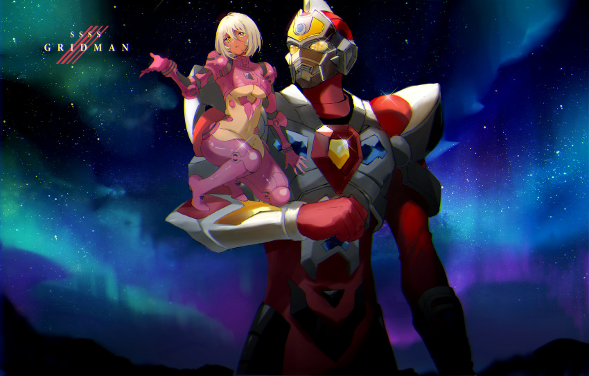 1girl absurdres aurora bangs crossover dark-skinned_female dark_skin denkou_choujin_gridman diaclone gridman_(character) gridman_universe highres hikari_kaizaki looking_at_another mecha nollipap parted_lips platinum_blonde_hair short_hair sky star_(sky) starry_sky yellow_eyes