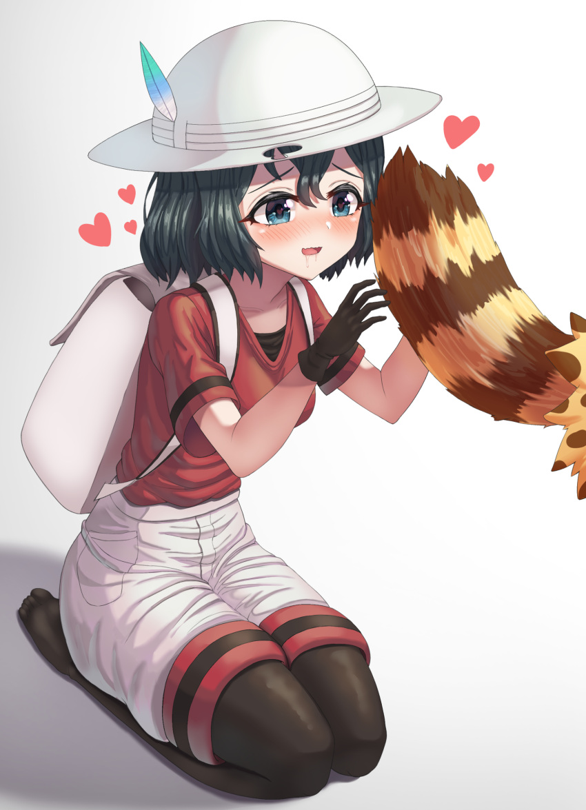 2girls absurdres backpack bag beige_shorts black_gloves black_hair black_legwear blue_eyes blush cat_girl cat_tail eyebrows_visible_through_hair gloves hat_feather helmet highres kaban_(kemono_friends) kemono_friends multiple_girls neukkom no_shoes pantyhose pith_helmet red_shirt saliva seiza serval_(kemono_friends) serval_print shirt short_hair short_sleeves sitting t-shirt tail