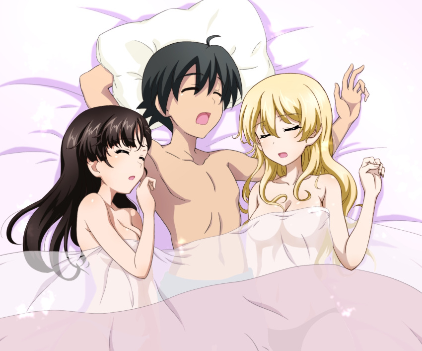 1boy 2girls bed closed_eyes crossover darjeeling_(girls_und_panzer) girls_und_panzer highres itou_makoto multiple_girls nishi_kinuyo school_days sleeping source_request