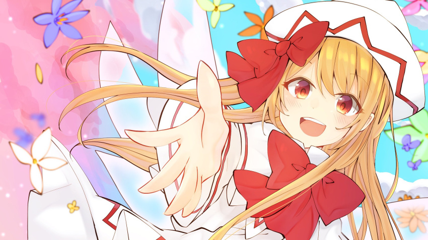 1girl blonde_hair bow bowtie capelet commentary danmaku dress dutch_angle fairy fairy_wings flower happy hat hat_bow highres lily_white long_hair open_mouth orange_eyes red_bow red_bowtie red_neckwear solanikieru touhou upper_body very_long_hair white_capelet white_dress white_headwear wide_sleeves wings