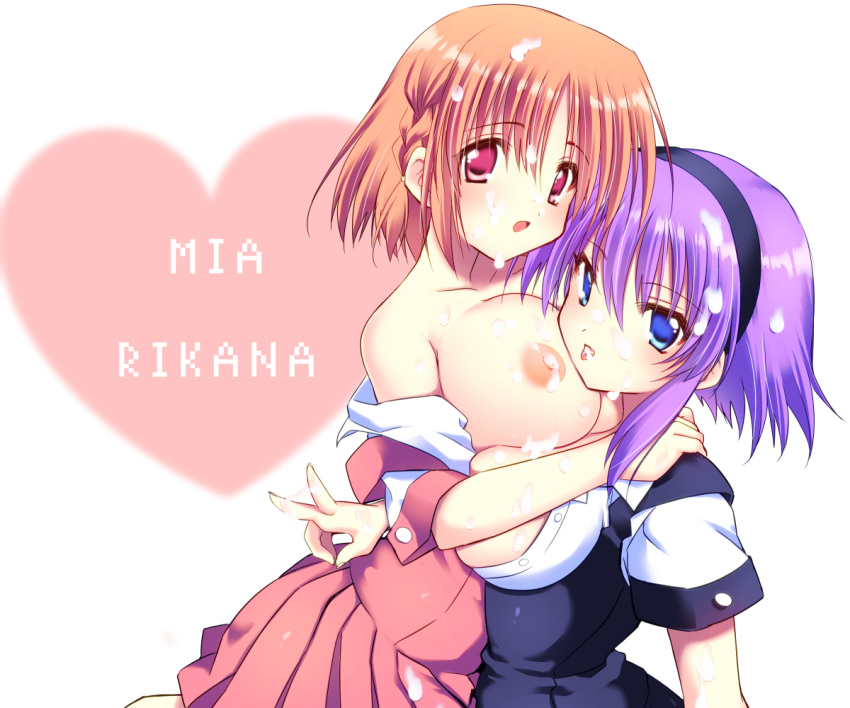 2girls :d areolae bangs black_hairband blue_eyes braid breasts breasts_outside buttons character_name dress eyebrows_visible_through_hair fukai_ni_nemuru_oujo_no_abaddon hairband heart large_breasts looking_at_viewer mizuishi_rikana multiple_girls nipples nnmi11 open_clothes orange_hair pink_dress pink_eyes pleated_dress pulque purple_hair short_hair short_sleeves smile suggestive_fluid suzumori_mia unbuttoned yuri