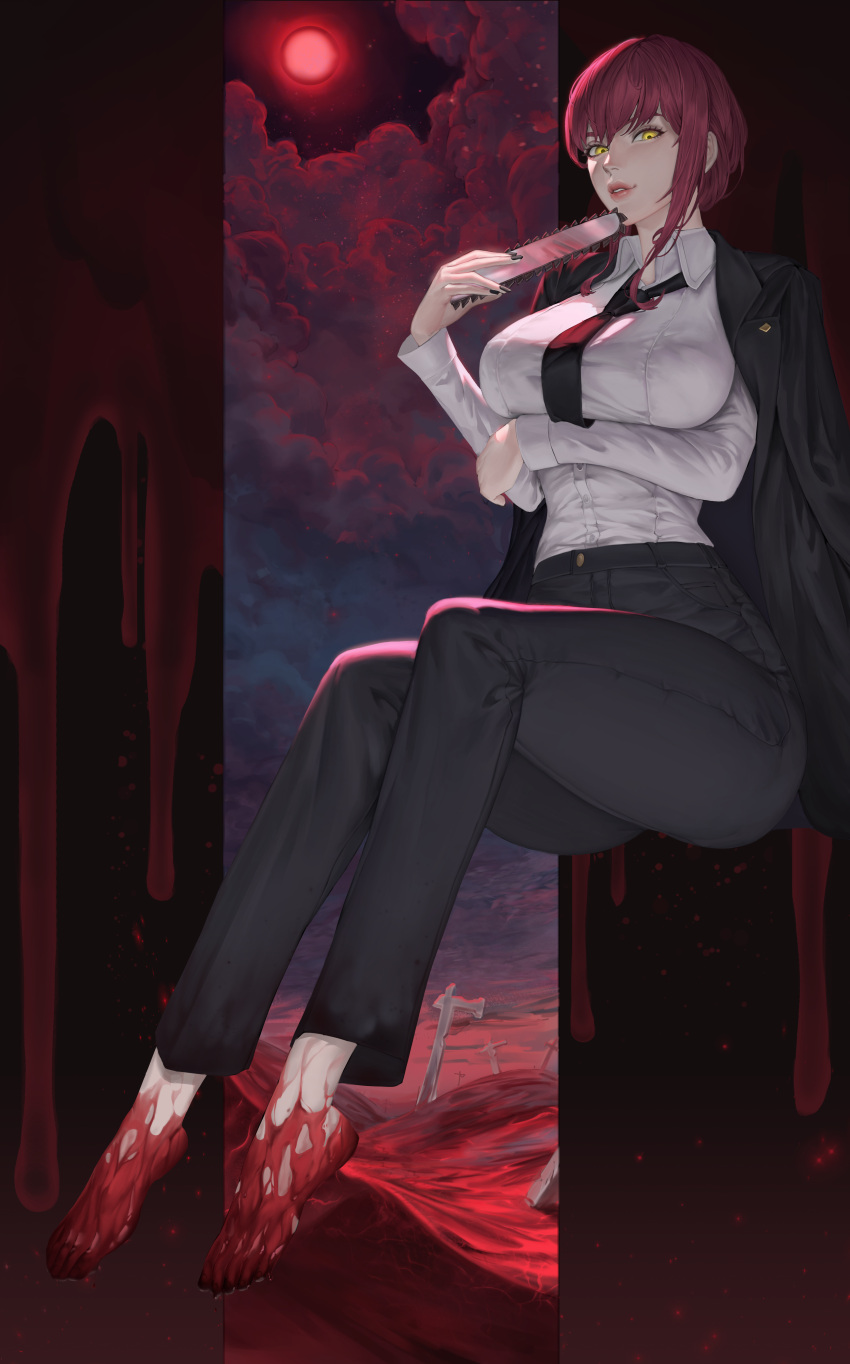 1girl absurdres bangs barefoot black_nails black_necktie blood blood_on_feet breasts business_suit chainsaw_man cloud cross denim formal highres jacket jacket_on_shoulders jeans large_breasts lips looking_at_viewer makima_(chainsaw_man) medium_hair moon nail_polish necktie night night_sky pants reallumen red_hair red_moon ringed_eyes shirt_tucked_in sky solo suit thighs yellow_eyes