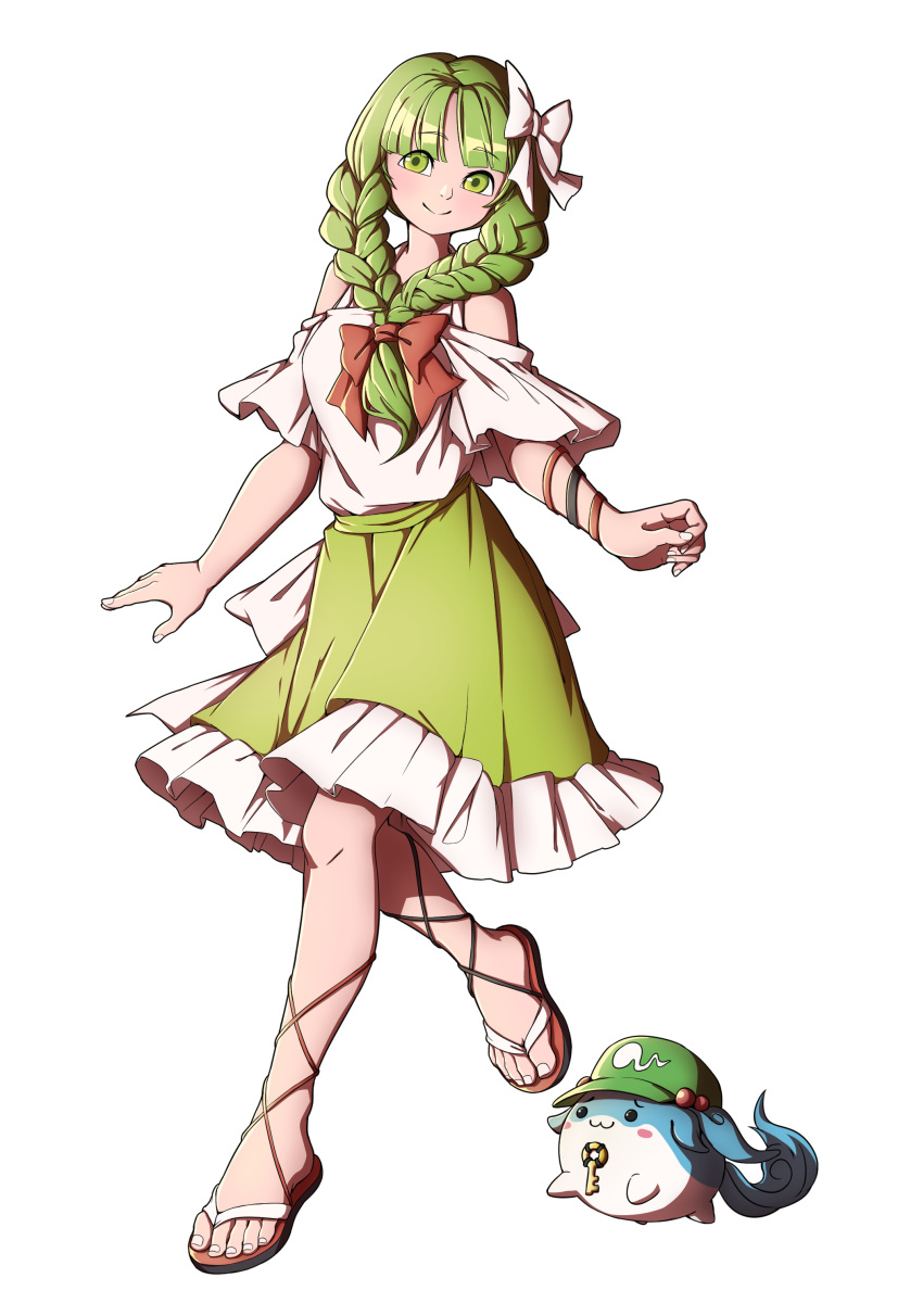 1girl :3 absurdres alternate_costume alternate_hairstyle bare_shoulders blush_stickers bow braid clothing_cutout eyebrows_visible_through_hair front_braid full_body green_eyes green_hair green_skirt hair_bow hat highres kagiyama_hina kawashiro_nitori key leg_ribbon looking_at_viewer mefomefo red_bow ribbon sandals shoulder_cutout simple_background skirt smile sukusuku_hakutaku touhou white_background white_bow