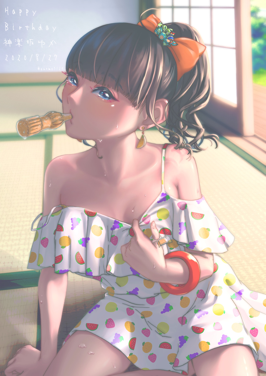 1girl absurdres arm_support bangs blue_eyes blunt_bangs brown_hair collarbone commentary_request earrings feet_out_of_frame highres hot indoors japanese_house jewelry mo_(quemo5124) mouth_hold ponytail real_life sliding_doors solo spaghetti_strap sweat tamura_yukari tatami voice_actor