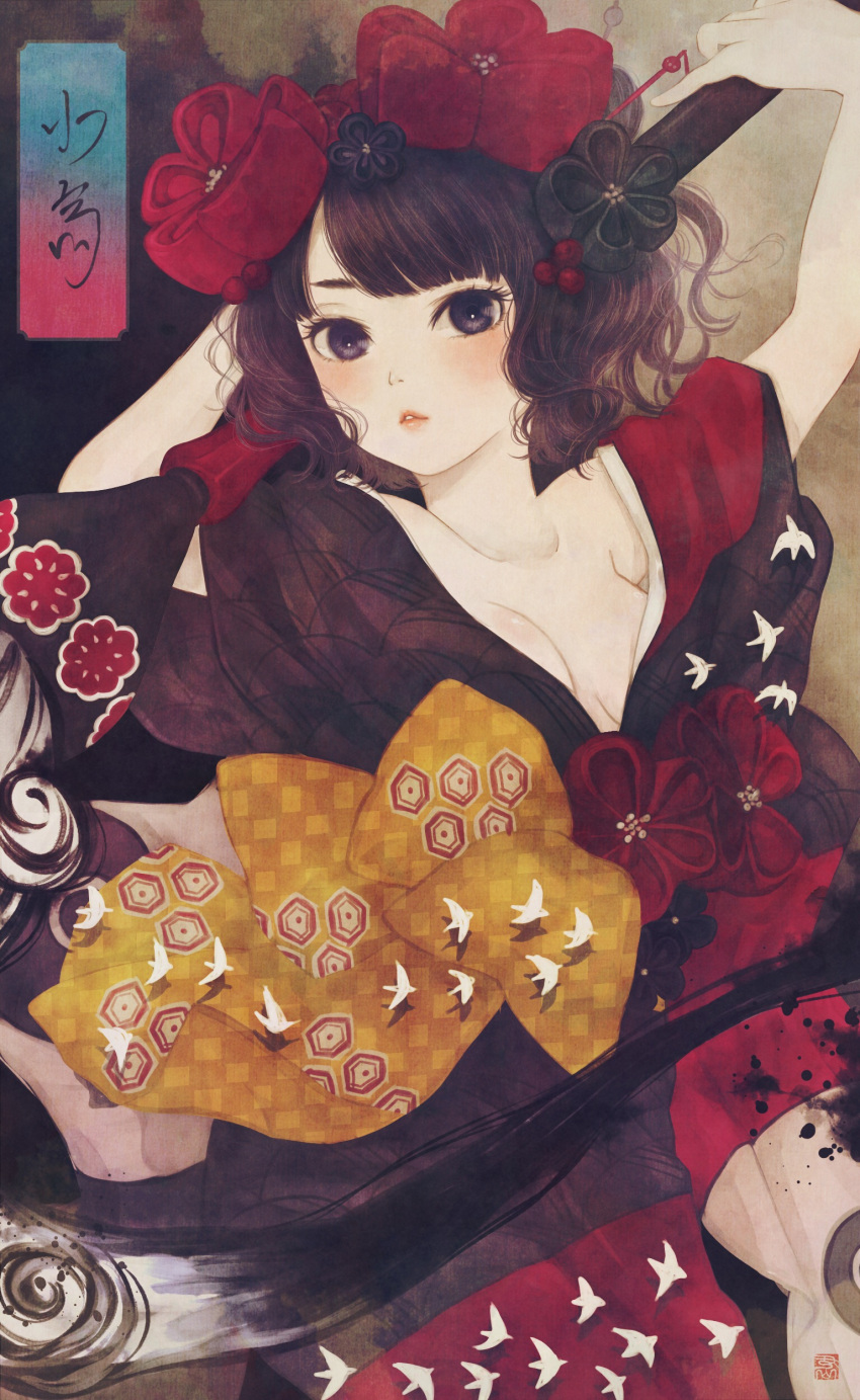 1girl absurdres arms_up bangs bird black_hair blue_eyes blunt_bangs breasts brush calligraphy_brush checkered_sash cleavage commentary_request fate/grand_order fate_(series) flower hair_ornament highres holding ink japanese_clothes katsushika_hokusai_(fate) kikkoumon kimono looking_at_viewer nihonga obi paintbrush parted_lips patterned_clothing sash seigaiha short_hair solo unmoving_pattern ushiyama_ame wavy_hair yellow_sash