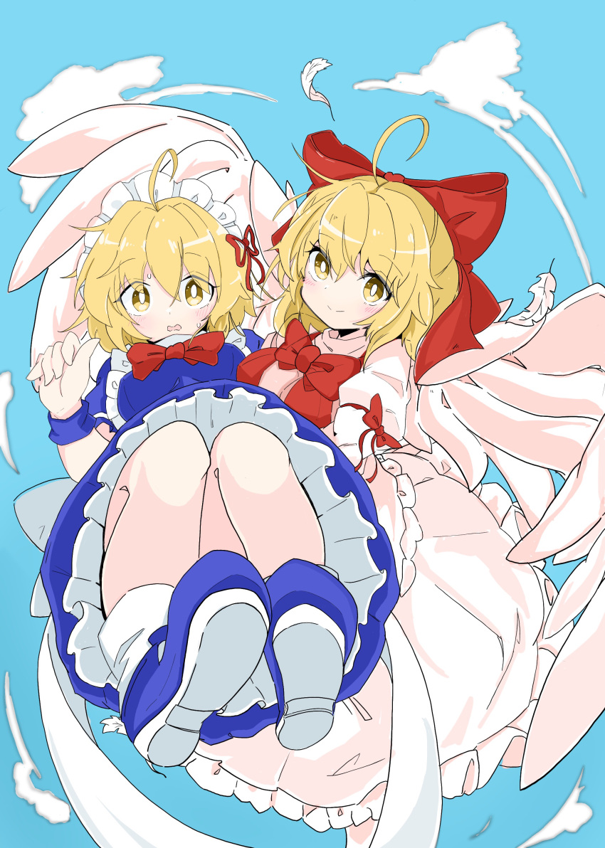 2girls absurdres ahoge angel_wings apron bangs blonde_hair blue_dress blue_footwear blue_sky blush bow bowtie breasts carrying commentary_request dress eyebrows_visible_through_hair feathered_wings feathers flying frilled_dress frills gengetsu_(touhou) hair_bow highres long_sleeves looking_at_viewer maid maid_apron maid_headdress medium_breasts mugetsu_(touhou) multiple_girls open_mouth pink_dress princess_carry puffy_short_sleeves puffy_sleeves red_bow red_bowtie red_ribbon ribbon short_hair short_sleeves siblings sisters sky smile socks sweatdrop tatutaniyuuto touhou touhou_(pc-98) white_legwear wings wrist_cuffs yellow_eyes