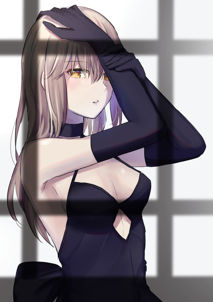 1girl absurdres arms_up artoria_pendragon_(fate) bangs bare_shoulders black_gloves blonde_hair breasts cleavage dress elbow_gloves eyebrows_visible_through_hair fate/grand_order fate_(series) from_side gloves highres long_hair looking_at_viewer open_mouth saber_alter shadow sii_artatm skirt solo upper_body window yellow_eyes