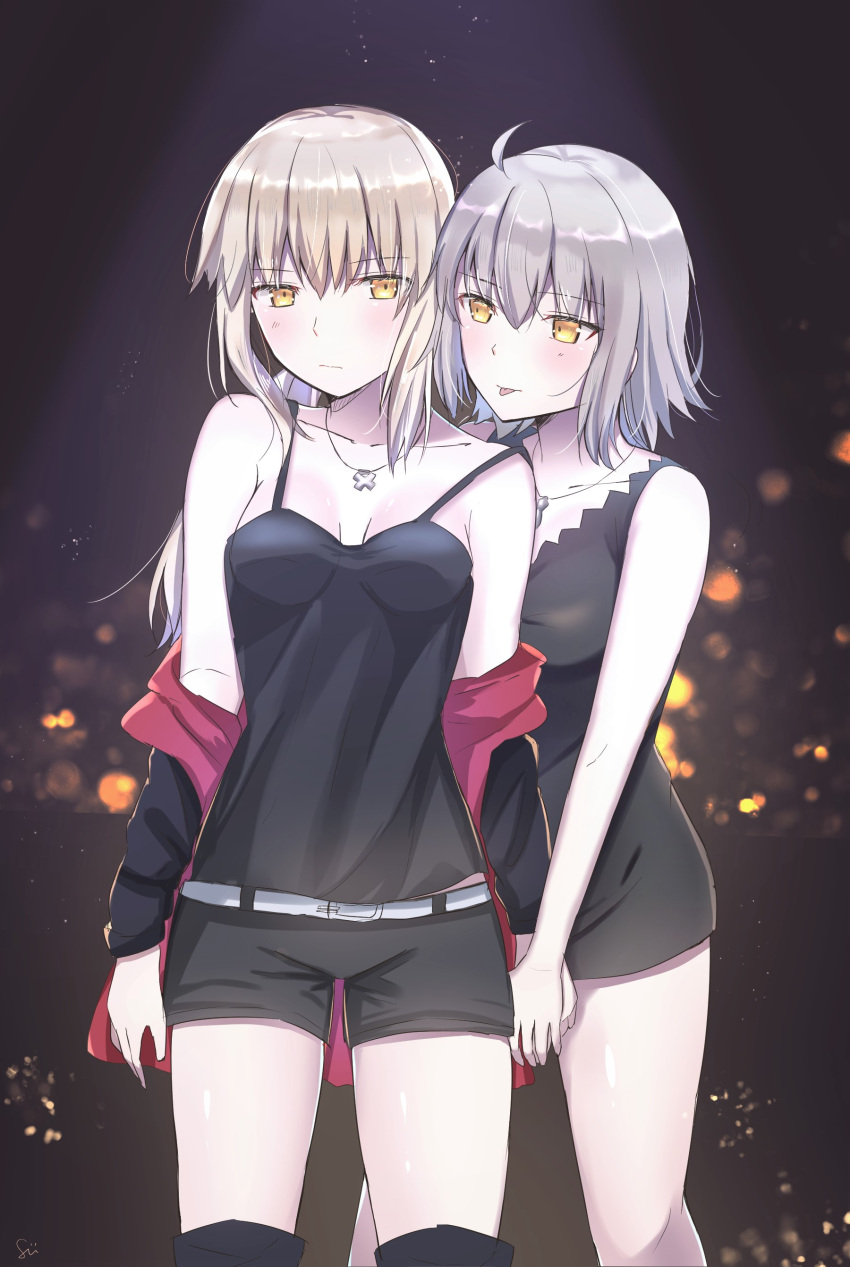2girls absurdres ahoge artoria_pendragon_(fate) bangs bare_arms bare_legs bare_shoulders belt blonde_hair boots breasts cleavage_cutout clothing_cutout coat eyebrows_behind_hair eyebrows_visible_through_hair fate/grand_order fate_(series) grey_hair highres holding_hands jeanne_d'arc_(alter)_(fate) jeanne_d'arc_(fate) jet_black_king_of_knights_ver._shinjuku_1999 long_hair multiple_girls neck night saber_alter short_hair shorts sii_artatm silver_hair skirt tongue tongue_out wicked_dragon_witch_ver._shinjuku_1999 yellow_eyes