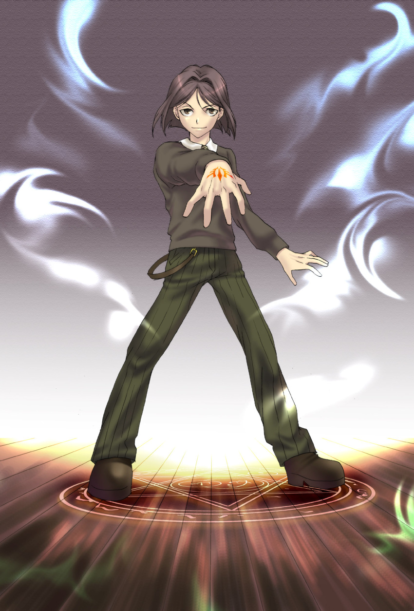 1boy black_eyes black_hair bob_cut command_spell commentary_request fate/zero fate_(series) highres magic_circle male_focus mgk968 pants reaching shoes smile solo standing strap sweater waver_velvet wooden_floor