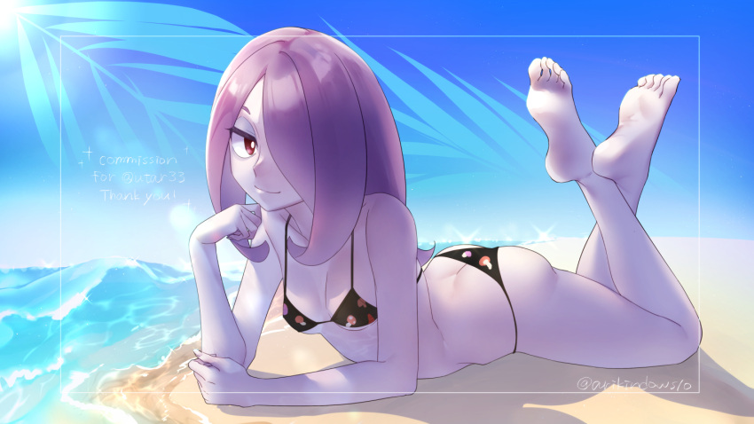 1girl alternate_costume arikindows10 artist_name ass beach bikini black_bikini breasts bright_pupils closed_mouth commission crossed_legs day english_text food_print hair_over_one_eye light_purple_hair little_witch_academia long_hair looking_at_viewer lying mushroom_print ocean on_stomach outdoors pale_skin red_eyes sand small_breasts smile solo string_bikini sucy_manbavaran sunlight swimsuit twitter_username water white_pupils