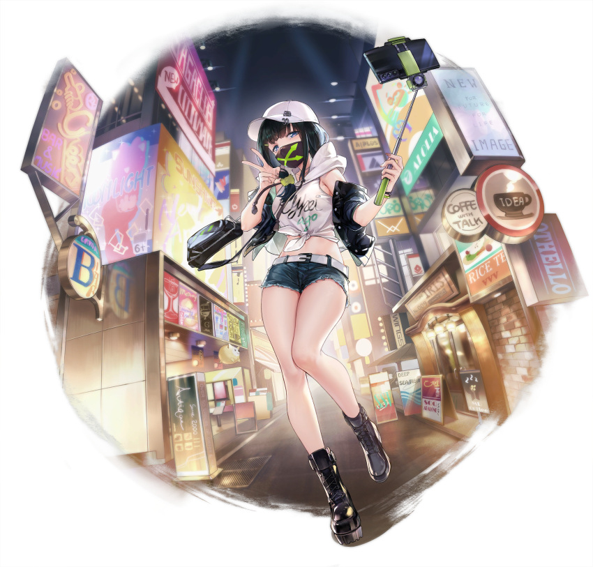 1girl artist_request azur_lane bangs baseball_cap belt black_footwear black_hair black_jacket blue_eyes blue_shorts boots denim denim_shorts green_scrunchie gridman_universe hassu hassu_(seaside_scoop!) hat highres hood hoodie jacket mask midriff mouth_mask official_alternate_costume official_art open_clothes open_jacket scrunchie selfie_stick shirt short_hair short_shorts shorts sleeveless sleeveless_hoodie solo ssss.gridman tied_shirt transparent_background v white_belt white_headwear