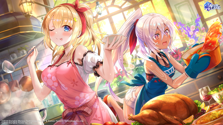 2girls alternate_costume apron arm_garter astoria_(azur_lane) azur_lane bandaid bandaid_on_face bangs blonde_hair blue_apron blue_eyes blush breasts closed_mouth commentary cooking copyright_name cowboy_shot cranberry crossed_bangs cup dark-skinned_female dark_skin day dress drinking_glass dutch_angle english_commentary eyebrows_visible_through_hair floral_print flower food foot_out_of_frame fruit hair_between_eyes hair_ornament hair_ribbon half_updo halter_top halterneck heart heart_hair_ornament highres hokuyuu holding holding_ladle indoors kitchen ladle lemon lemon_slice logo long_hair medium_breasts medium_hair minneapolis_(azur_lane) multiple_girls official_art one_eye_closed open_mouth oven_mitts pink_apron plate ponytail pot purple_eyes red_ribbon ribbon salad salad_bowl second-party_source short_shorts shorts silver_hair smile spilling steam sunlight thanksgiving tongue tongue_out turkey_(food) watermark white_dress white_shorts window wine_glass