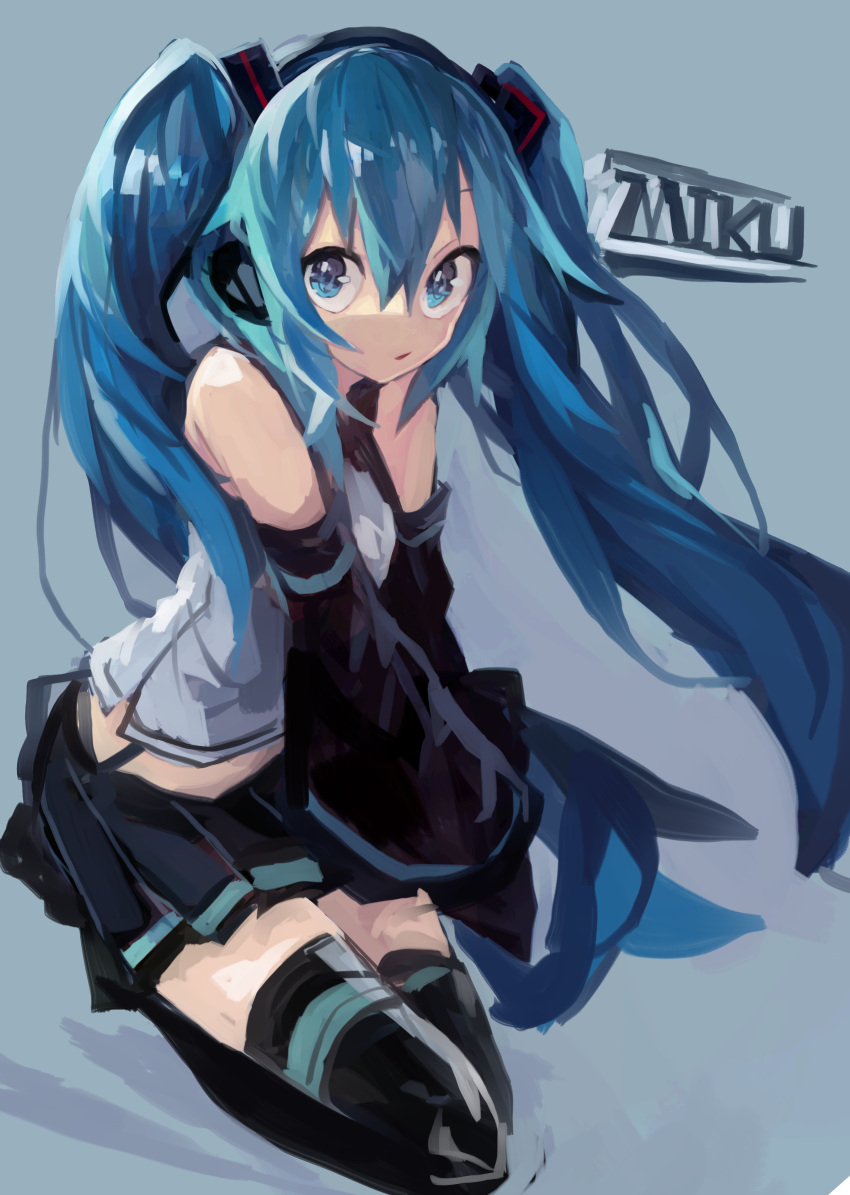 1girl absurdres aqua_eyes aqua_hair bangs black_skirt black_sleeves blue_background character_name commentary detached_sleeves grey_shirt hair_between_eyes hair_ornament hatsune_miku headphones highres kaamin_(mariarose753) knees long_hair looking_at_viewer pleated_skirt shirt skirt solo thighhighs twintails very_long_hair vocaloid