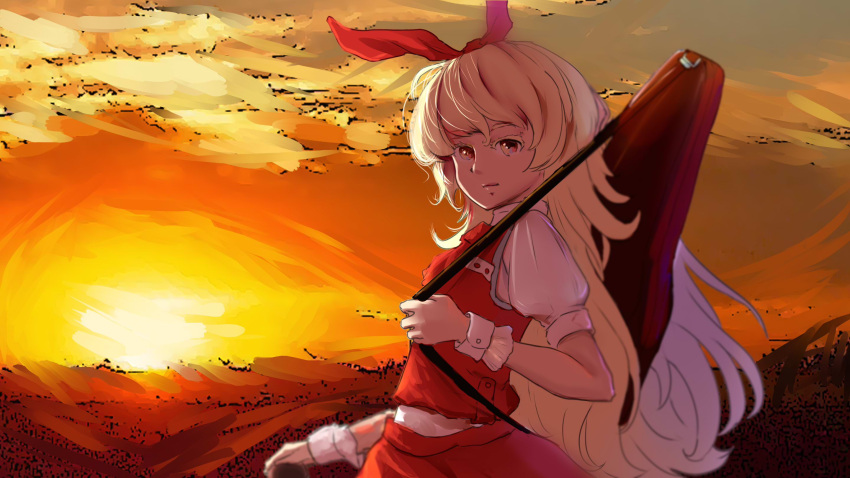 1girl blonde_hair bloody_cuke bow closed_mouth ellen_(touhou) hair_bow highres instrument_case long_hair looking_at_viewer outdoors puffy_short_sleeves puffy_sleeves red_bow red_skirt red_vest shirt short_sleeves skirt sunset touhou touhou_(pc-98) very_long_hair vest white_shirt wrist_cuffs yellow_eyes