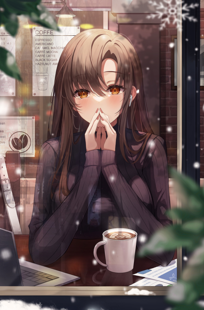 1girl absurdres air_pods bangs black_sweater blurry blush breasts brick_wall brown_eyes brown_hair cafe coffee coffee_cup commentary_request computer covering_mouth cup depth_of_field disposable_cup eyebrows_visible_through_hair gongha highres laptop large_breasts latte_art leaf long_hair looking_at_viewer menu nail_polish original own_hands_together plant potted_plant sidelocks sitting snowflakes snowing solo sweater turtleneck turtleneck_sweater window