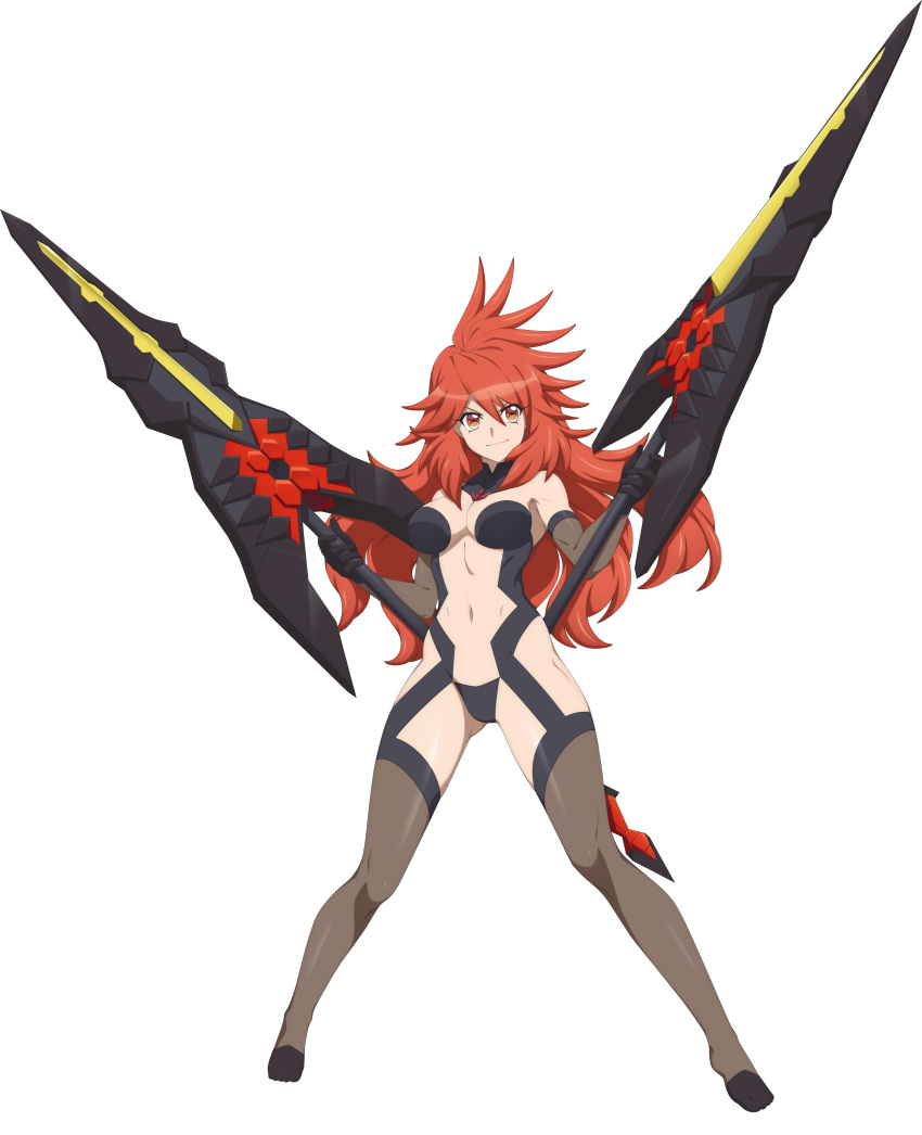 1girl absurdres amou_kanade bare_shoulders black_gloves black_legwear breasts chuunioniika cleavage closed_mouth elbow_gloves eyebrows_visible_through_hair full_body gloves highres large_breasts long_hair looking_at_viewer navel orange_eyes red_hair senki_zesshou_symphogear shiny shiny_hair shiny_skin simple_background smile solo thighhighs transparent_background