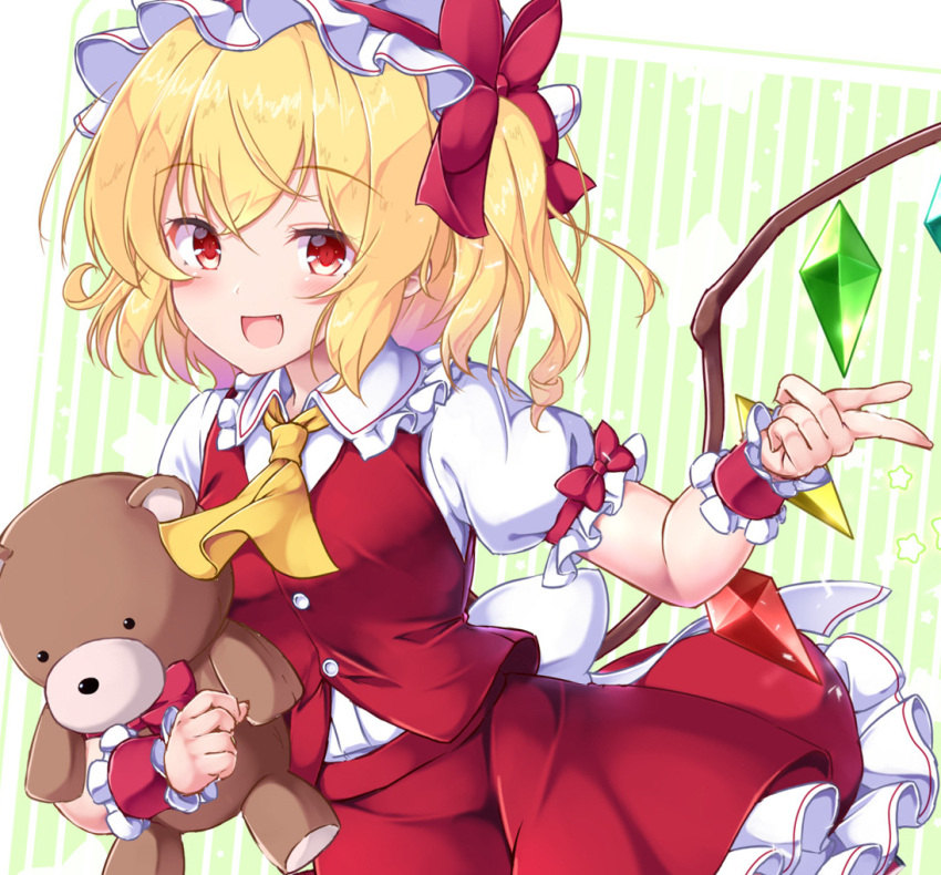 1girl :d aka_tawashi arm_up ascot back_bow bangs blonde_hair blush bow breasts buttons commentary_request crystal eyebrows_visible_through_hair eyelashes fang fingernails flandre_scarlet frilled_skirt frills happy hat hat_bow hat_ribbon holding holding_stuffed_toy index_finger_raised medium_breasts mob_cap one_side_up open_mouth petticoat puffy_short_sleeves puffy_sleeves red_bow red_eyes red_ribbon red_skirt red_vest ribbon sash shiny shiny_hair shirt short_hair short_sleeves side_ponytail skirt smile solo standing stuffed_animal stuffed_toy teddy_bear touhou vest white_sash white_shirt wings wrist_cuffs yellow_ascot