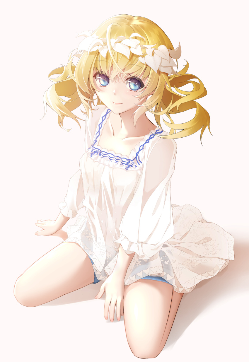 1girl bangs blonde_hair blue_eyes blue_shorts blush breasts collarbone dress fate/grand_order fate_(series) head_wreath heroic_spirit_tour_outfit highres long_sleeves looking_at_viewer medium_breasts medium_hair oriuo_q pollux_(fate) puffy_long_sleeves puffy_sleeves short_shorts shorts sitting smile solo thighs wariza white_dress