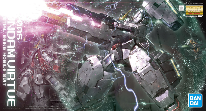 bandai box_art cable character_name copyright_name electricity firing flying glowing glowing_eyes gun gundam gundam_00 gundam_exia gundam_kyrios gundam_nadleeh gundam_virtue holding holding_gun holding_weapon logo mecha mobile_suit morishita_naochika official_art open_hand science_fiction v-fin weapon