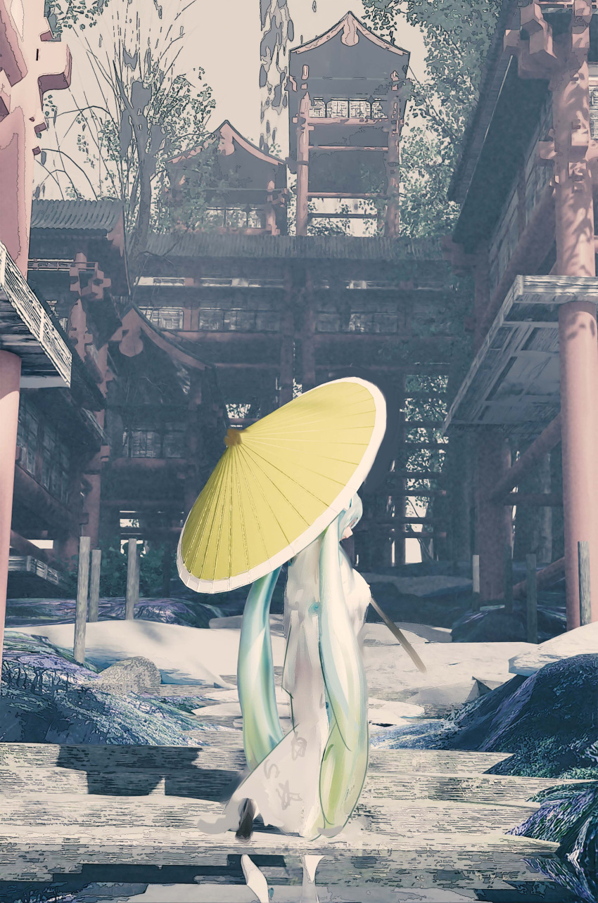 1girl 3d absurdres aqua_hair architecture blender_(medium) building commentary dappled_sunlight day east_asian_architecture from_behind full_body hatsune_miku highres holding holding_umbrella houtei9 japanese_clothes kimono long_hair oil-paper_umbrella outdoors reflection scenery solo standing sunlight tree twintails umbrella very_long_hair vocaloid white_kimono wide_shot yuki_miku yuki_miku_(2013)