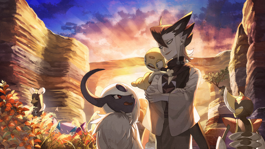 1boy absol bird bisharp cloud commentary_request drapion grey_hair grimsley_(pokemon) holding holding_pokemon honchkrow houndoom japanese_clothes kimono looking_down male_focus multicolored_hair outdoors pokemon pokemon_(creature) pokemon_(game) pokemon_sm scraggy short_hair sideburns sky smile spiked_hair wide_sleeves yamanashi_taiki