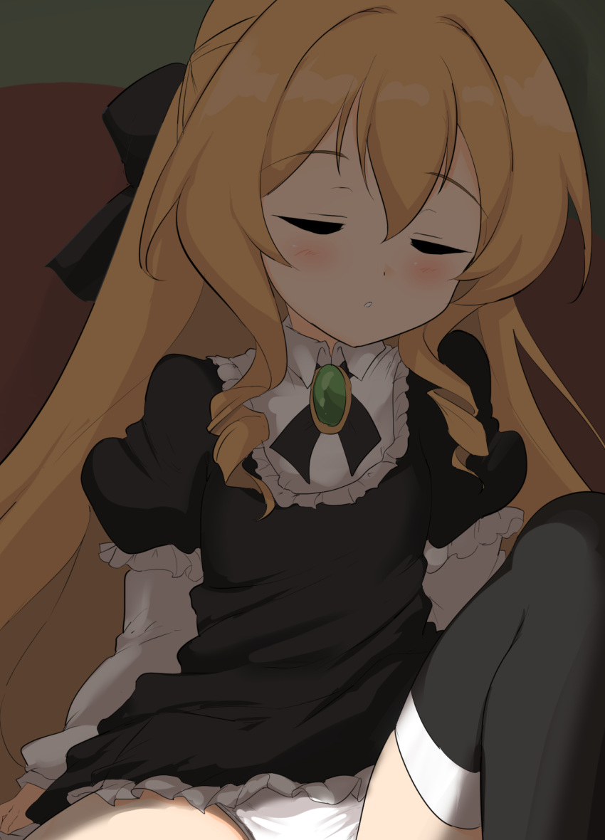 1girl bangs black_bow black_dress black_legwear blonde_hair blush bow brooch closed_eyes collared_shirt commentary_request dress eyebrows_visible_through_hair facing_viewer feet_out_of_frame hair_between_eyes hair_bow highres hizashi_no_naka_no_real jewelry knee_up layered_sleeves long_hair long_sleeves momio original panties parted_lips puffy_short_sleeves puffy_sleeves ringlets shirt short_over_long_sleeves short_sleeves solo thighhighs underwear very_long_hair white_panties white_shirt