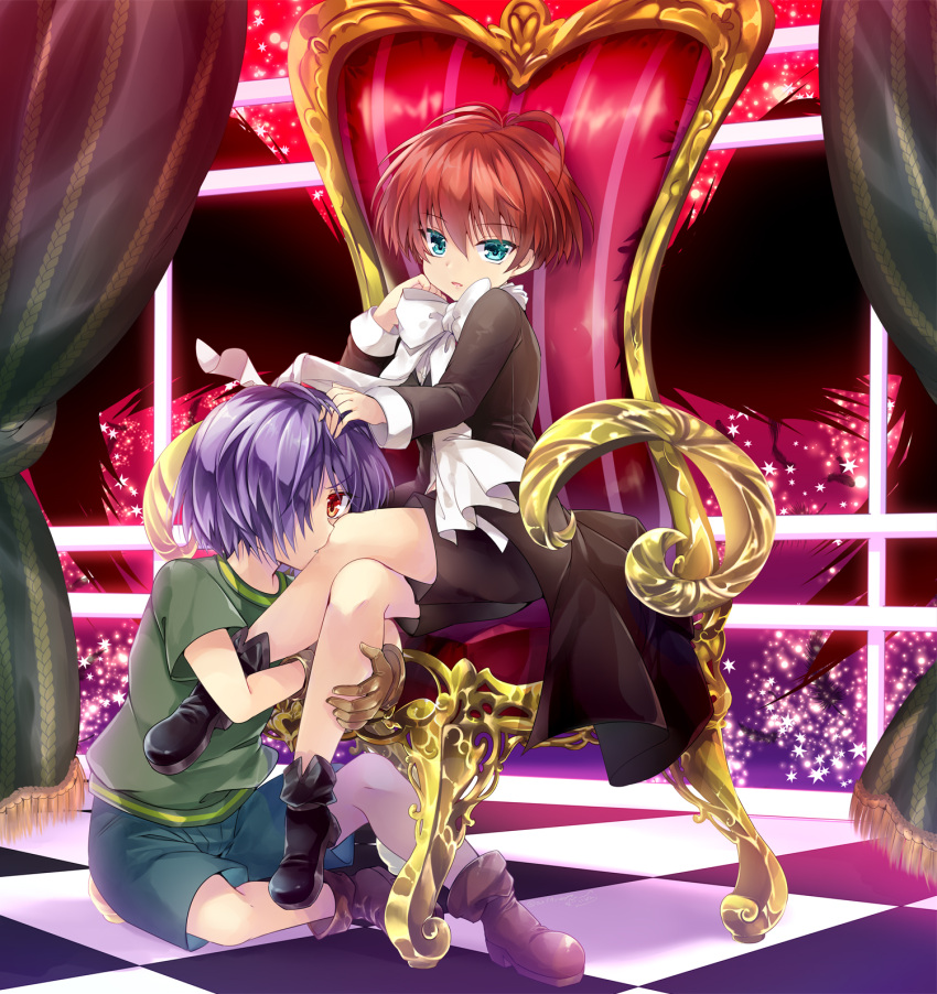 2boys aoinunu_(kamutomushi) blue_eyes boots bow brown_gloves brown_hair chair gloves hand_in_another's_hair head_rest heimdal_(matantei_loki_ragnarok) highres leg_cling loki_(matantei_loki_ragnarok) looking_at_viewer male_focus matantei_loki_ragnarok multiple_boys on_floor purple_hair red_eyes shirt shorts sitting t-shirt yaoi