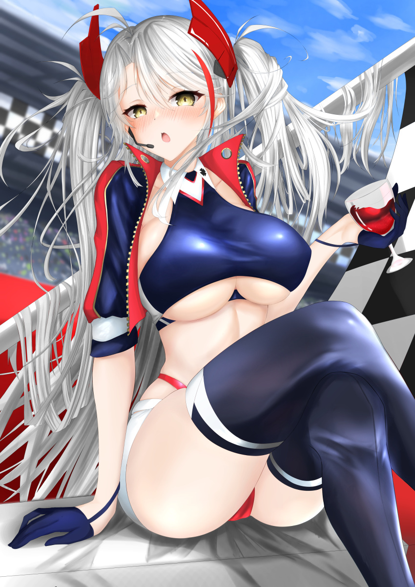 1girl absurdres alcohol azur_lane belt blurry blurry_background boots breasts checkered checkered_flag clothing_cutout cropped_shirt crossed_legs cup drinking_glass earpiece eyebrows_visible_through_hair feet_out_of_frame flag gloves half_gloves highres jacket long_hair multicolored_hair official_alternate_costume open_clothes open_jacket open_mouth panties panty_straps prinz_eugen_(azur_lane) prinz_eugen_(final_lap)_(azur_lane) purple_footwear purple_gloves purple_jacket race_queen racetrack red_hair red_panties short_sleeves silver_hair sitting skindentation solo streaked_hair thigh_boots thighhighs two-tone_hair two-tone_skirt underboob underboob_cutout underwear very_long_hair ville87804 white_belt wine wine_glass yellow_eyes zettai_ryouiki zipper