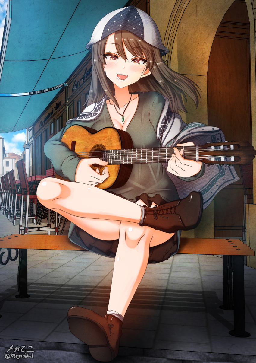 1girl aquaegg black_skirt blush breasts brown_eyes brown_hair cleavage eyebrows_visible_through_hair girls_und_panzer guitar hat highres instrument jewelry large_breasts long_hair looking_at_viewer mika_(girls_und_panzer) miniskirt necklace open_mouth outdoors pleated_skirt shiny shiny_hair skirt smile solo