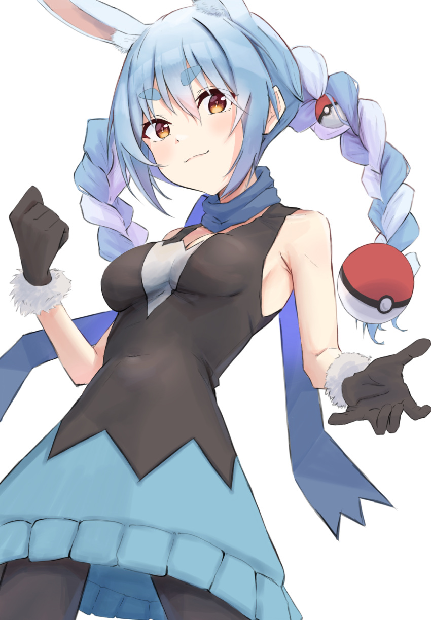 1girl animal_ears bangs blue_hair blue_scarf braid breasts closed_mouth commentary cosplay dawn_(pokemon) dawn_(pokemon)_(cosplay) eyebrows_visible_through_hair from_below gloves hair_ornament highres hololive long_hair multicolored_hair naka1379 orange_eyes pantyhose poke_ball poke_ball_(basic) pokemon pokemon_(game) pokemon_bdsp rabbit_ears rabbit_girl scarf shirt short_eyebrows skirt sleeveless sleeveless_shirt smile thick_eyebrows twin_braids twintails two-tone_hair usada_pekora virtual_youtuber white_hair