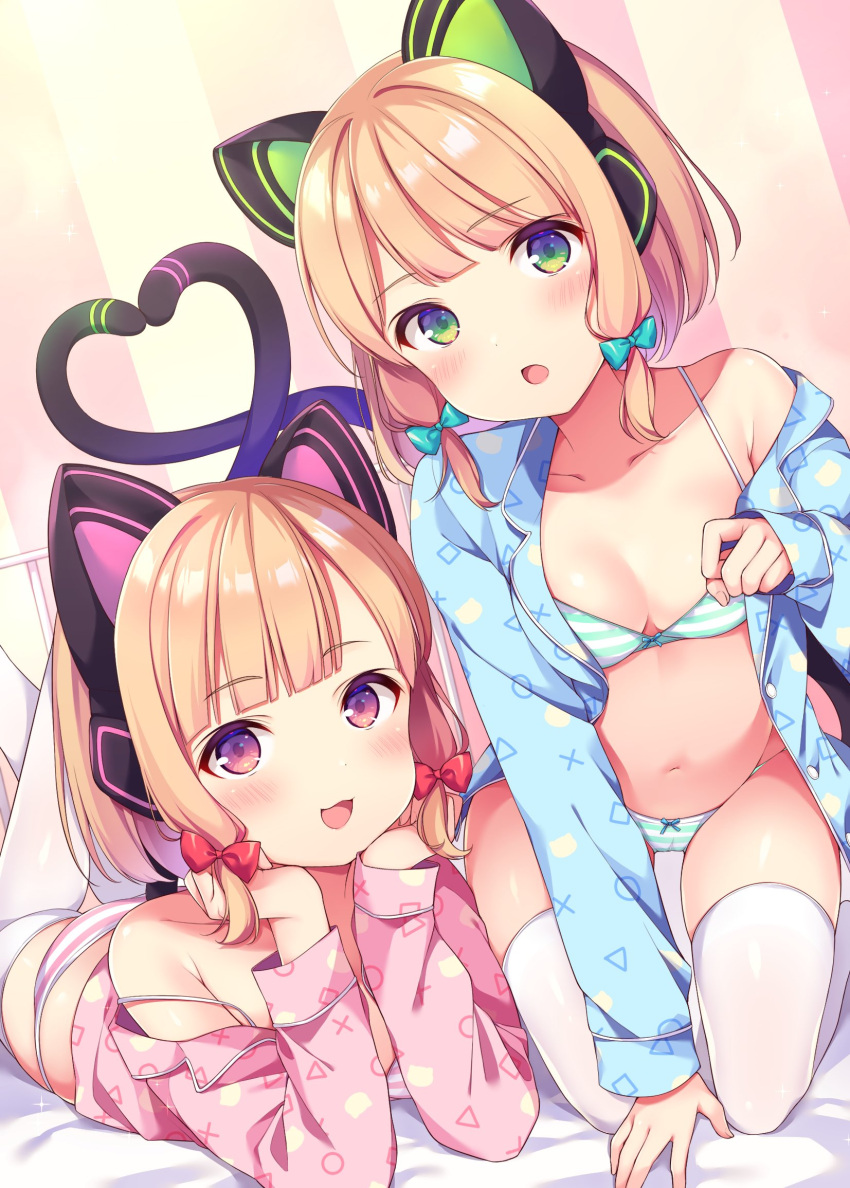 2girls :d animal_ears bed_sheet blonde_hair blue_archive blue_bow blue_shirt blush bow bow_bra bow_panties bra breasts cat_ear_headphones cat_ears cat_tail commentary_request fake_animal_ears green_eyes hair_bow headphones heart_tail_duo highres kneeling kofuyu_(cofyuuun) legs_up long_sleeves looking_at_viewer lying midori_(blue_archive) momoi_(blue_archive) multiple_girls no_pants off_shoulder on_stomach open_clothes open_mouth open_shirt pajamas panties pink_shirt red_bow red_eyes ribbon shirt short_hair siblings sisters sleepwear sleeves_past_wrists small_breasts smile striped striped_bra striped_panties tail thighhighs twins underwear white_legwear