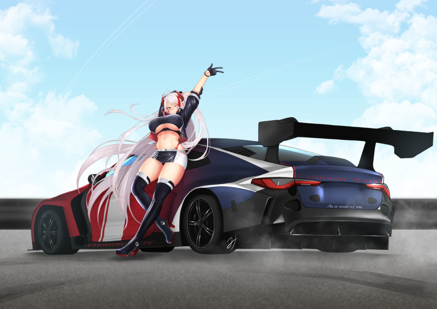 1girl antenna_hair arms_up azur_lane bangs belt black_footwear black_gloves black_jacket black_shirt black_skirt blue_sky blush bmw bmw_m4 boots breasts car clothing_cutout cloud commentary_request crop_top cropped_jacket cropped_shirt day full_body gloves grey_hair groin ground_vehicle hair_between_eyes half_gloves high_heel_boots high_heels highres jacket large_breasts long_hair looking_at_viewer midriff miniskirt miso_tanuki motor_vehicle multicolored_hair navel official_alternate_costume one_eye_closed open_clothes open_jacket outdoors panties parted_lips prinz_eugen_(azur_lane) prinz_eugen_(final_lap)_(azur_lane) race_queen red_hair red_panties road rudder_footwear shadow shirt short_sleeves sidelocks signature skindentation skirt sky sleeveless sleeveless_shirt smile solo standing streaked_hair thigh_boots thighhighs two-tone_skirt two_side_up underboob underboob_cutout underwear very_long_hair white_belt white_skirt yellow_eyes zettai_ryouiki