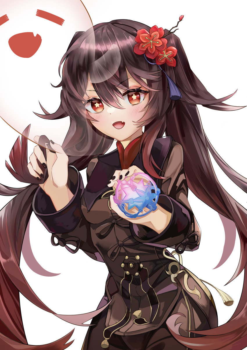1girl :d =_= absurdres bangs black_nails blush breasts brown_hair brown_jacket brown_shorts chinese_clothes commentary crossed_bangs dot_nose eyelashes fang flower flower-shaped_pupils genshin_impact ghost hair_between_eyes hair_flower hair_ornament hand_in_hair headwear_removed highres hitodama holding hu_tao_(genshin_impact) jacket ljp191810 long_hair long_sleeves looking_at_viewer medium_breasts nail_polish no_hat no_headwear open_mouth red_flower shiny shiny_hair shorts sidelocks simple_background skin_fang smile solo standing symbol-shaped_pupils tassel twig two_side_up upper_body white_background