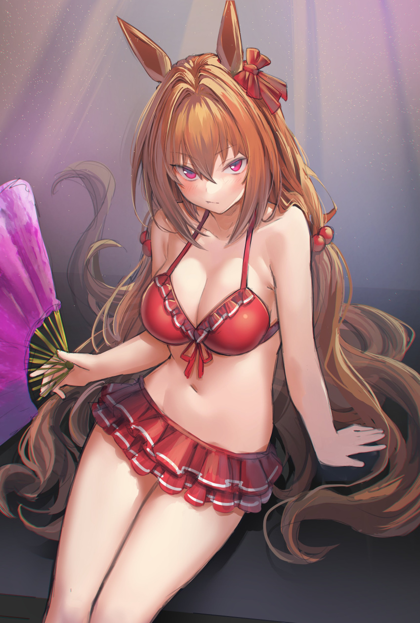 1girl absurdres animal_ears arm_support bangs bare_shoulders beads bikini bikini_skirt bow breasts brown_hair check_commentary cleavage closed_mouth collarbone commentary_request daiwa_scarlet_(umamusume) deluxe&lt;&lt;&lt; fang frilled_bikini frills front-tie_top hair_beads hair_bow hair_ornament hand_fan highres holding holding_fan horse_ears horse_girl horse_tail long_hair looking_at_viewer medium_breasts midriff navel red_bikini red_eyes sitting solo swimsuit tail twintails umamusume