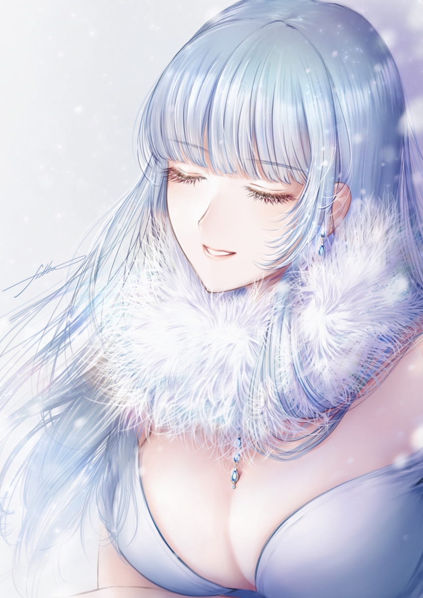 1girl ak-12_(girls'_frontline) bangs blue_theme blunt_bangs breasts closed_eyes earrings eyebrows_visible_through_hair eyelashes filha floating_hair fur_scarf girls'_frontline highres jewelry large_breasts lipstick long_hair makeup pendant silver_hair smile snowing solo upper_body white_background
