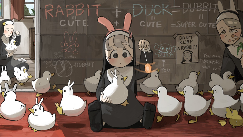 3girls :d @_@ ^_^ animal_ears animal_on_hand bandaid bandaid_on_cheek bird bird_on_hand black_legwear brick_wall bunny_hair_ornament bunny_nun_(diva) carrot catholic chicken child_drawing closed_eyes commentary curtains diva_(hyxpk) doorway duck duckling empty_eyes english_commentary english_text fake_animal_ears graffiti graph_(object) grey_bangs_nun_(diva) grey_eyes grey_hair habit hair_ornament highres holding_carrot holding_pendulum hopping hypnosis little_nuns_(diva) mind_control multiple_girls notebook nun pendulum picture_frame plant poster_(object) potted_plant rabbit_ears removing_headwear smile socks star_(symbol) star_nun_(diva) sweat sweatdrop sweating_profusely window writing_on_wall younger