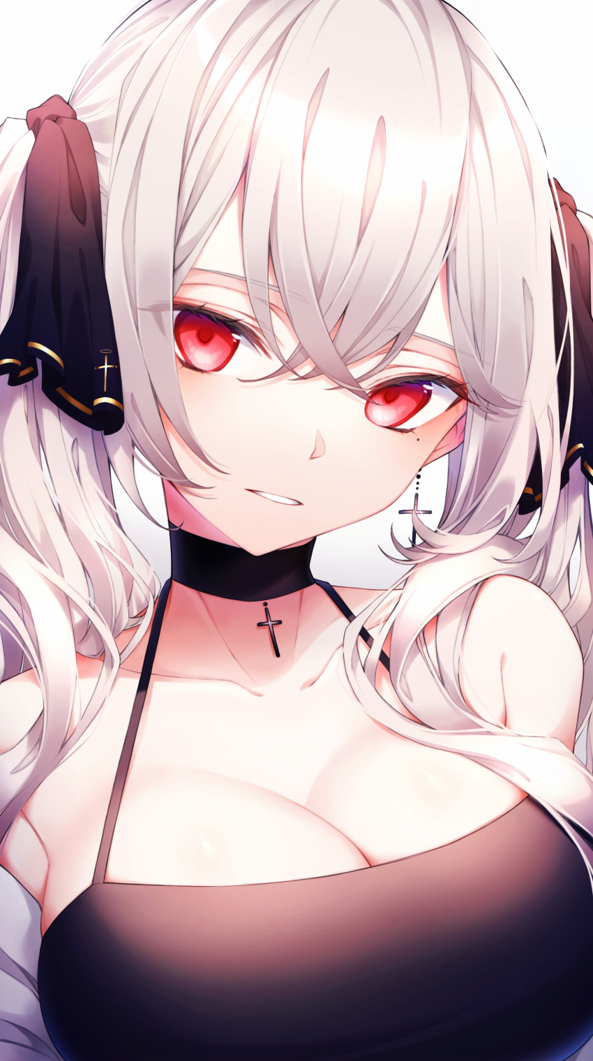 1girl absurdres azur_lane bare_shoulders breasts choker cleavage commentary_request cross cross_choker cross_earrings earrings eyebrows_visible_through_hair formidable_(azur_lane) grey_hair hair_between_eyes highres hk_nnm jewelry large_breasts looking_at_viewer mole mole_under_eye parted_lips red_eyes simple_background solo teeth twintails upper_body white_background
